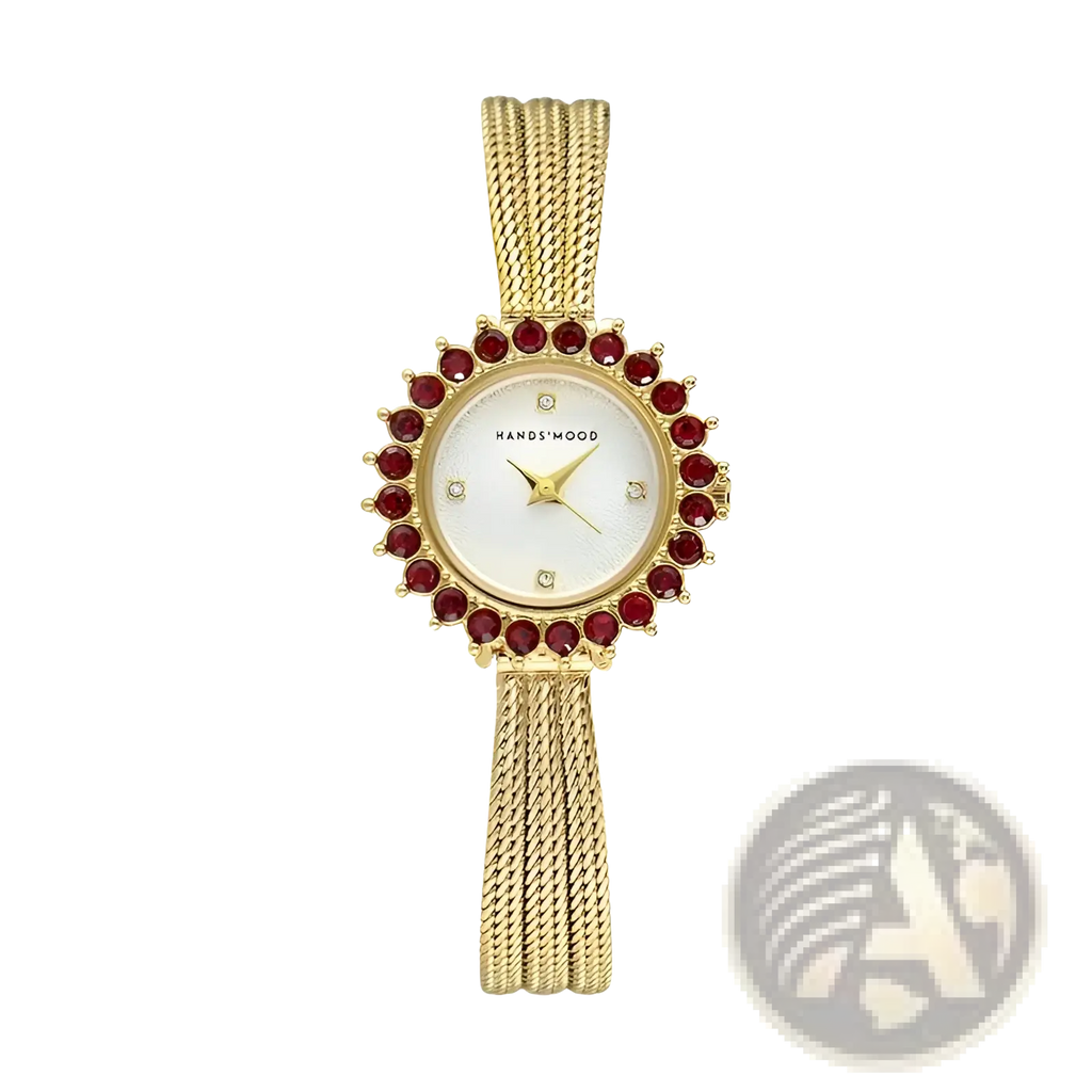 Gold-toned mesh women watch with ruby bezel quartz movement and sunburst white dial by hands mood