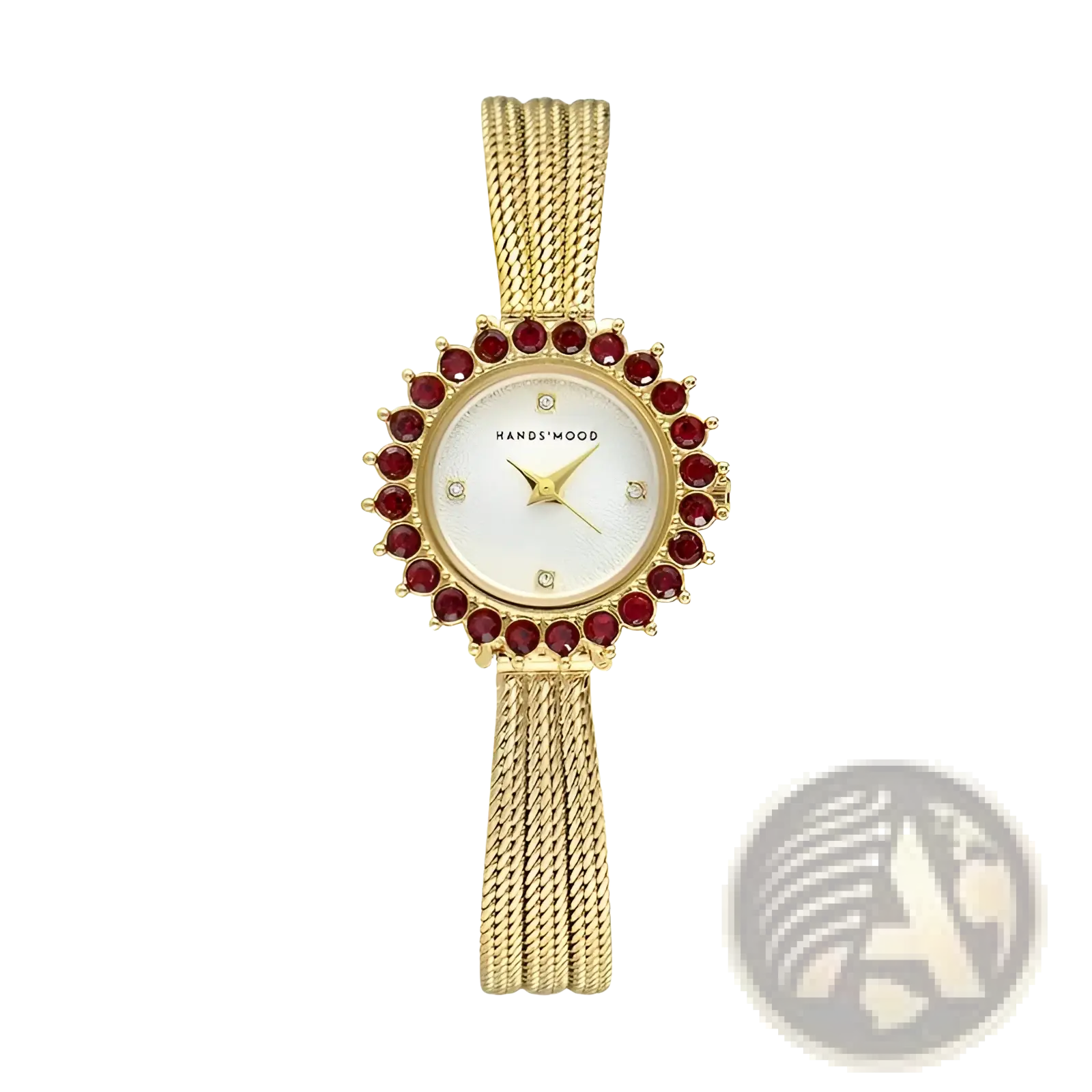 Gold-toned mesh women watch with ruby bezel quartz movement and sunburst white dial by hands mood