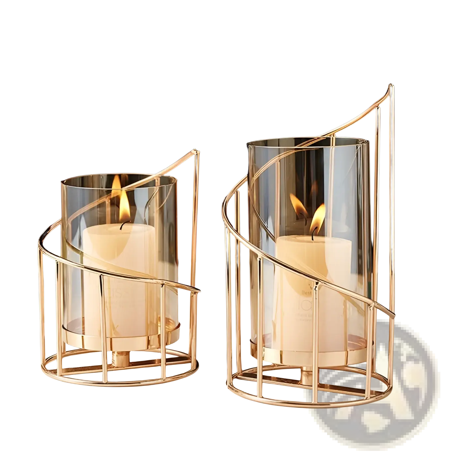 Gold metal spiral candle holder with glass cylinder features gold-toned metal and clear glass with modern wireframe design