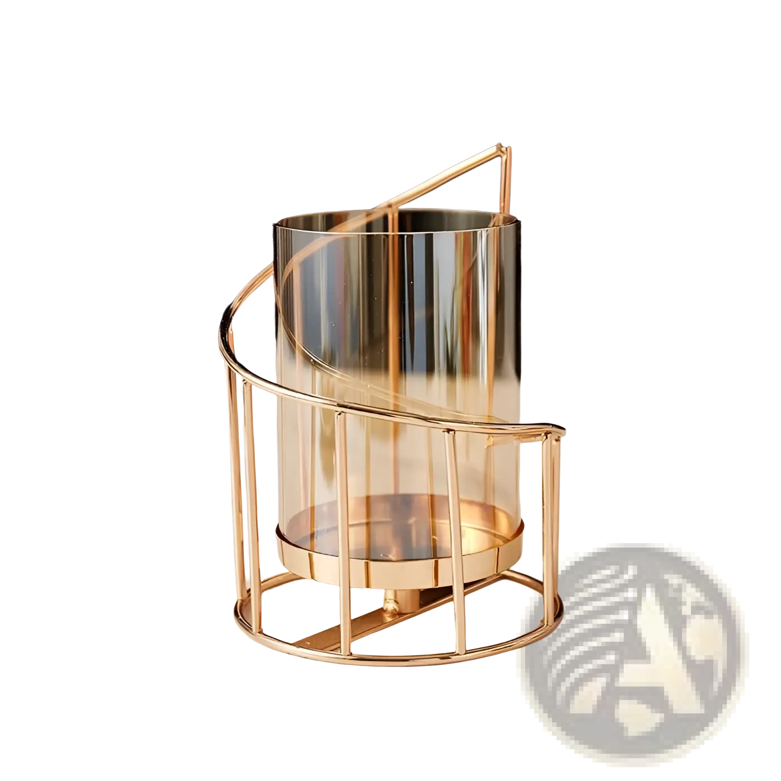 A gold metal spiral candle holder with a clear glass cylinder and an elegant spiral design cradle