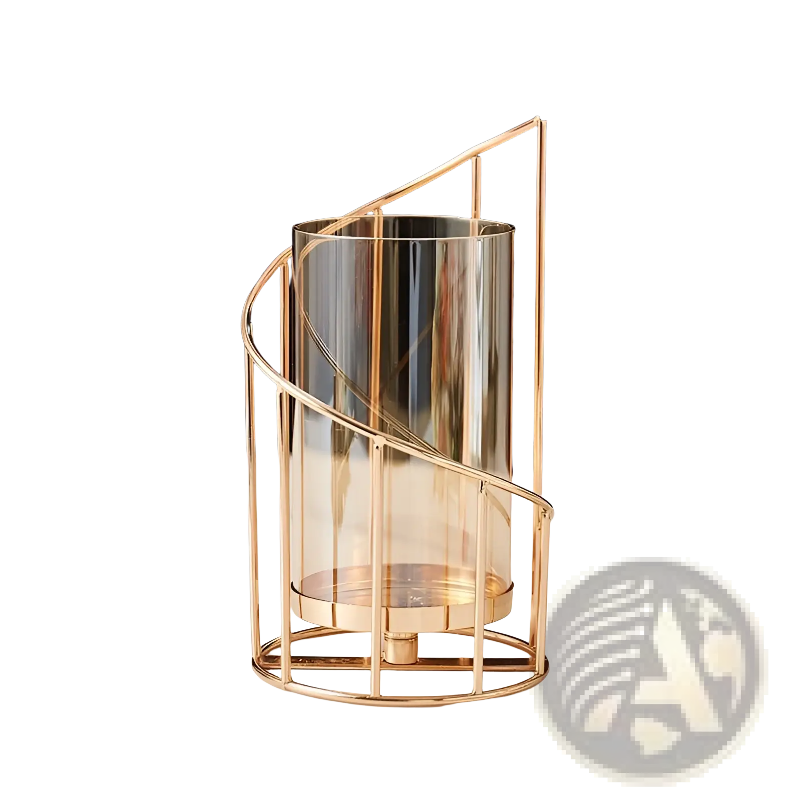 Gold metal spiral candle holder with transparent glass cylinder encased in elegant gold-toned metal frame and base