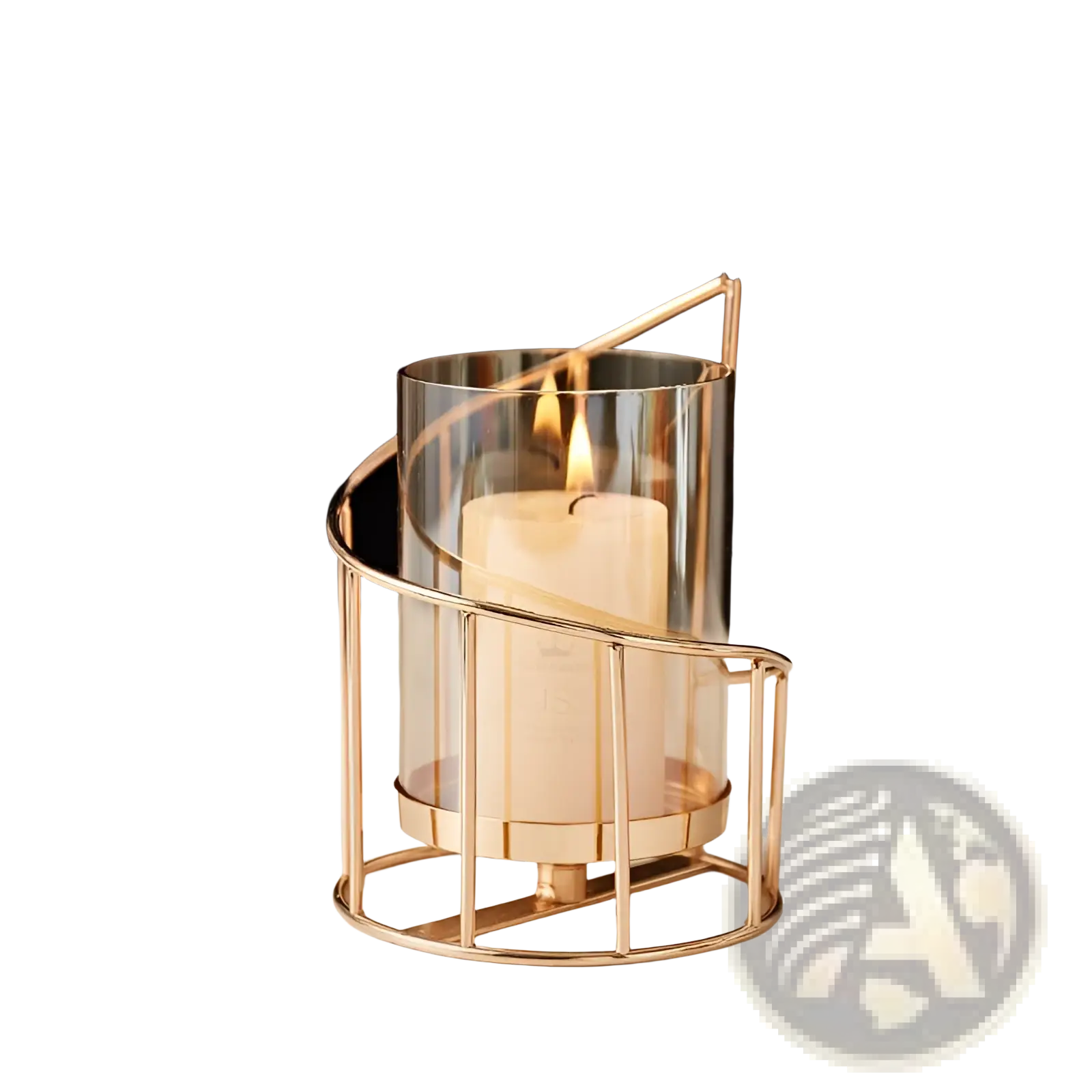 A sleek gold metal spiral candle holder with a clear glass cylinder encasing an ivory pillar candle