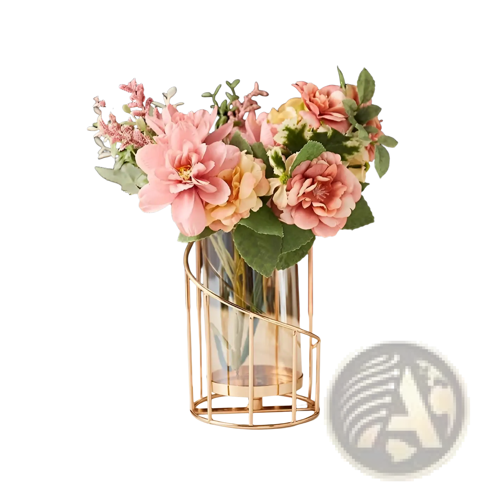 A gold metal spiral candle holder with glass cylinder containing a delicate arrangement of pink and peach artificial flowers