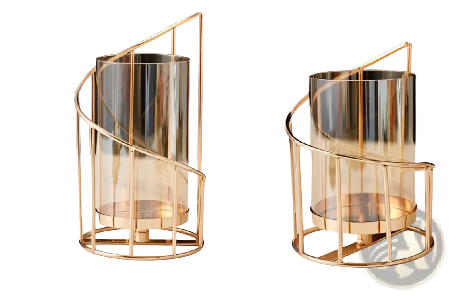 Gold metal spiral candle holder with glass cylinder and circular base for elegant home decor