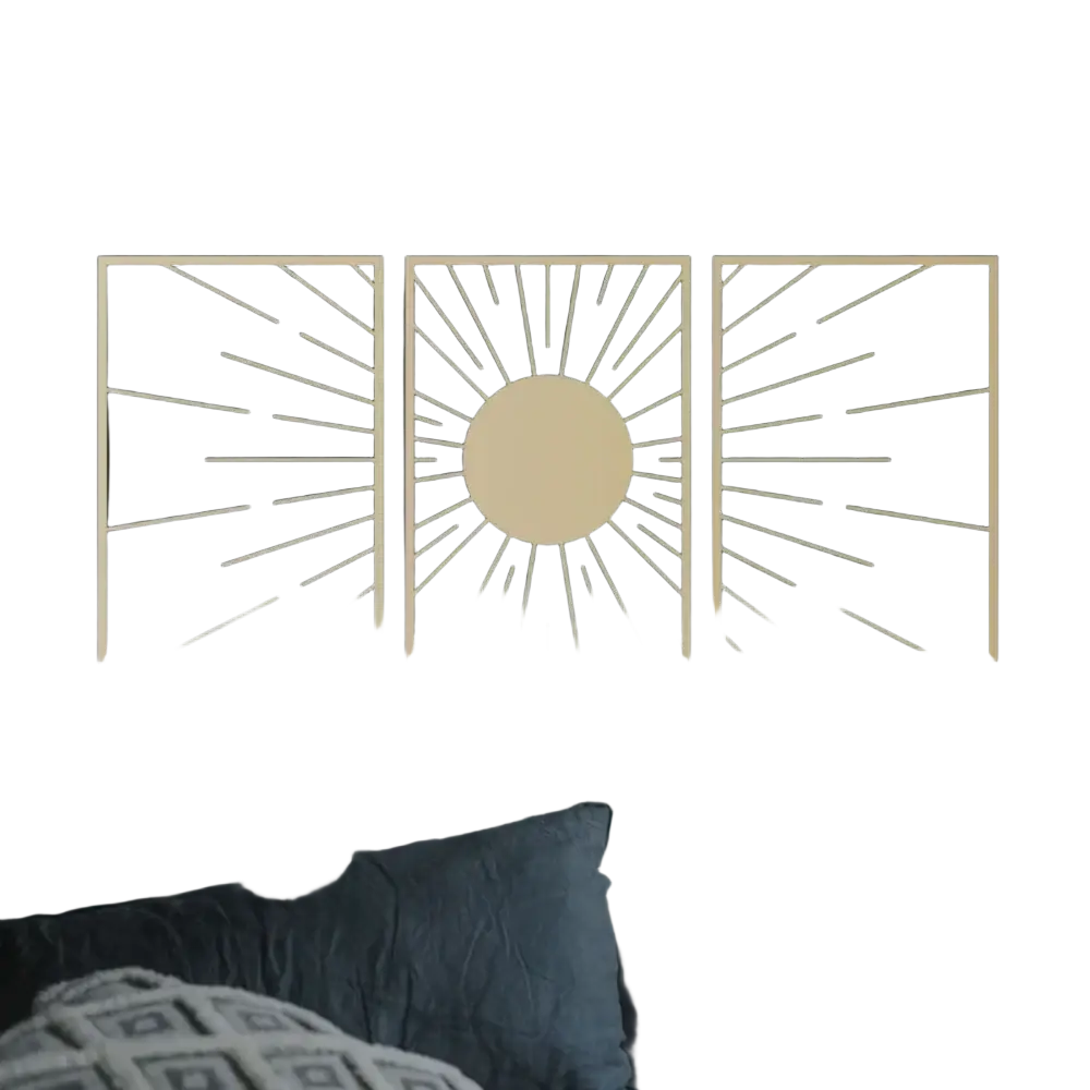Gold metal sunburst wall art set 3-piece with three-panel gold-toned geometric frames on dark green backdrop