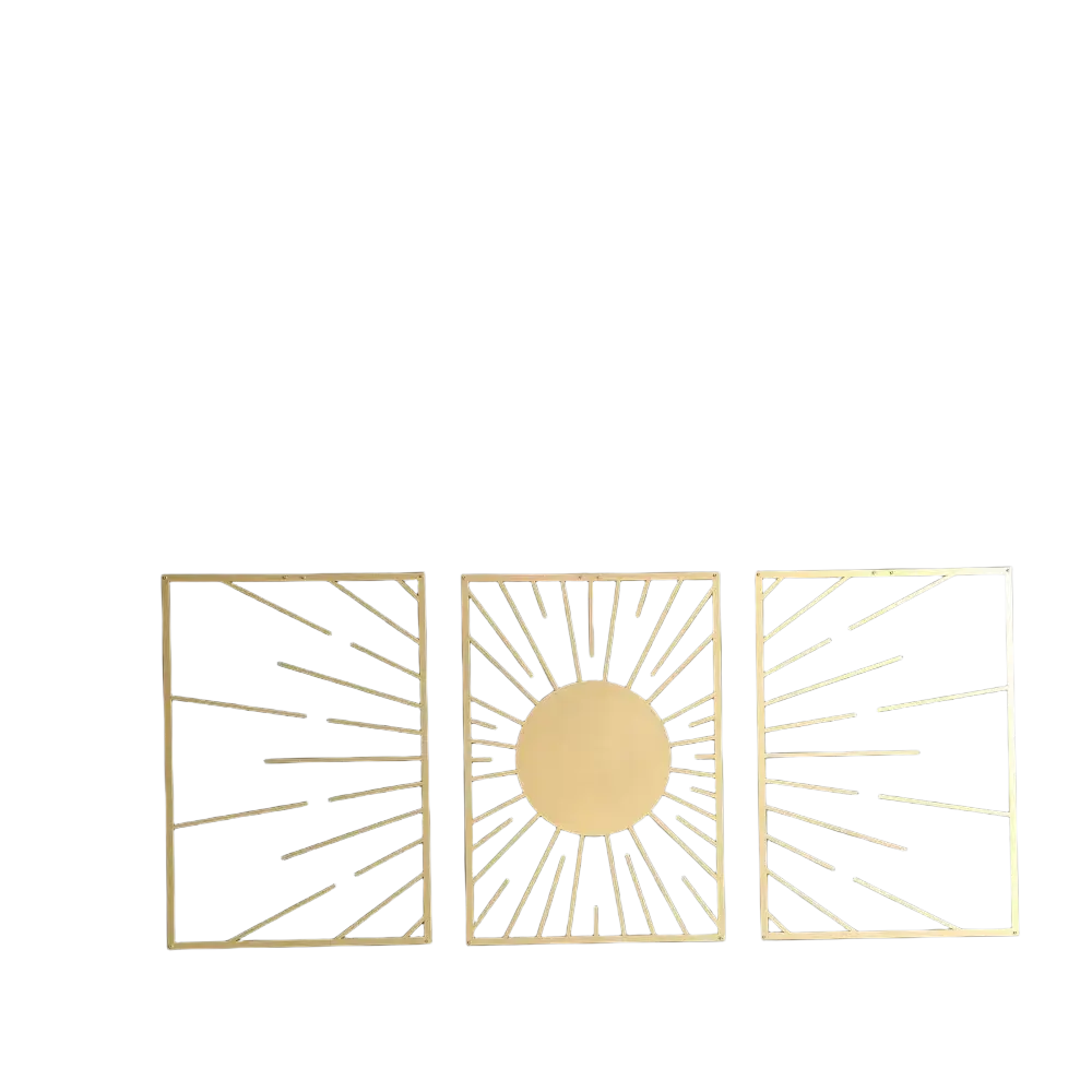 Gold metal sunburst wall art set of three panels with gold-toned metal material for decorative wall display
