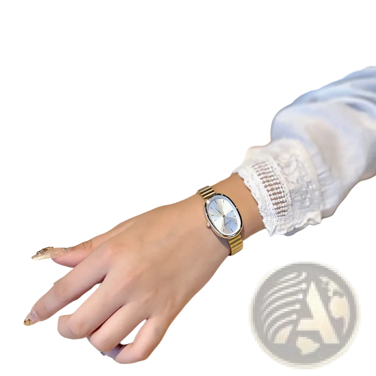 Gold minimalist oval quartz watch for women with gold-tone case silver dial and minimalist markers worn on wrist above book