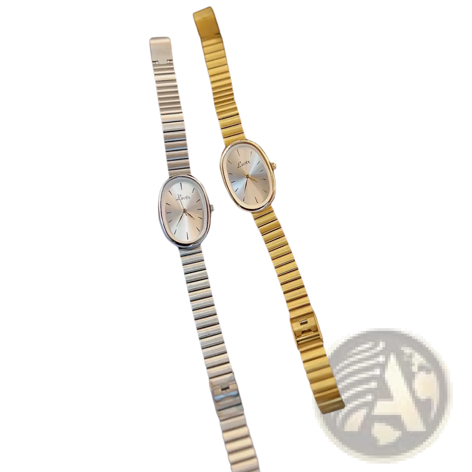 Two elegant oval-faced minimalist quartz wristwatches for women with metallic link bands in silver and gold colors