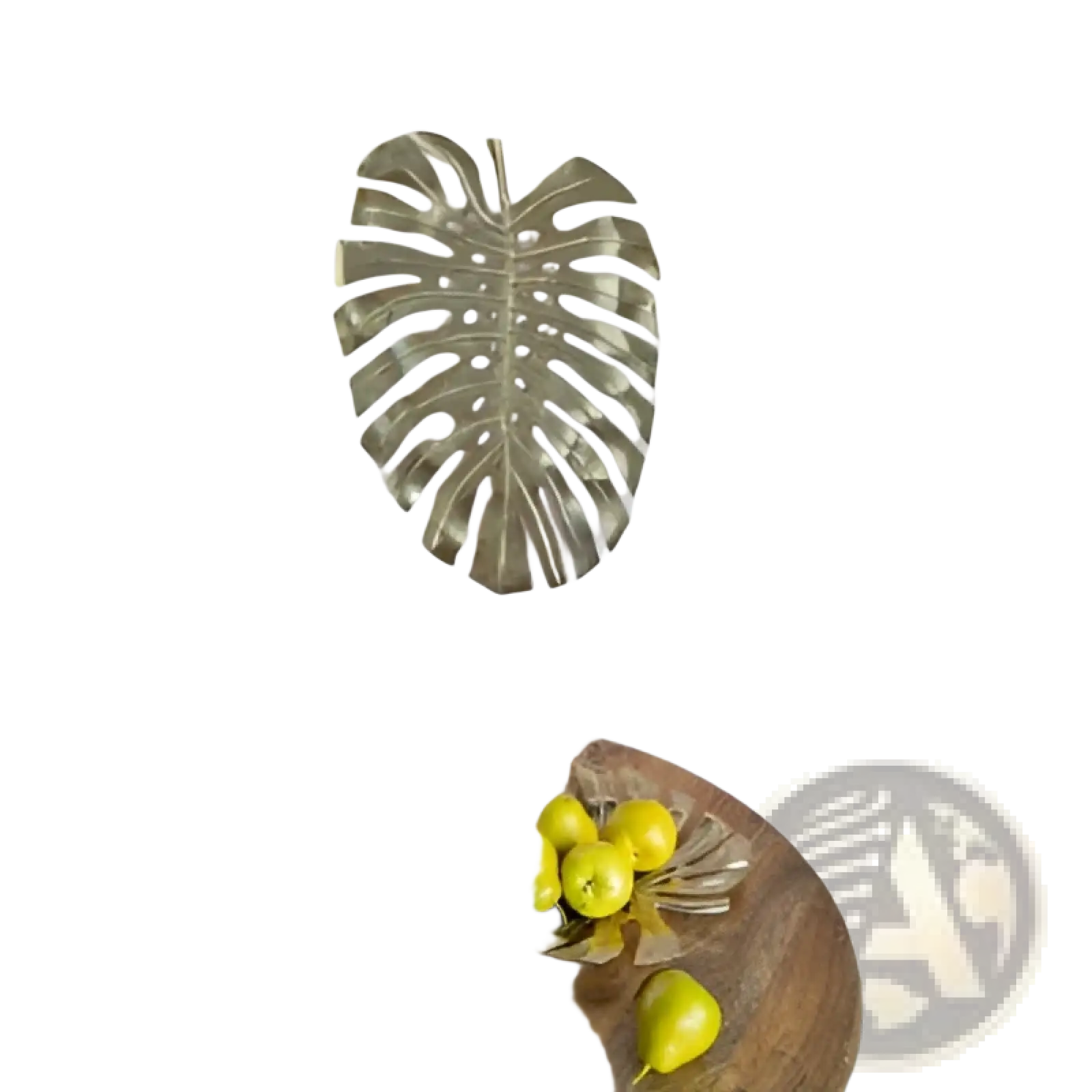 Gold monstera leaf wall decor and serving tray featuring textured metallic finish in metal material