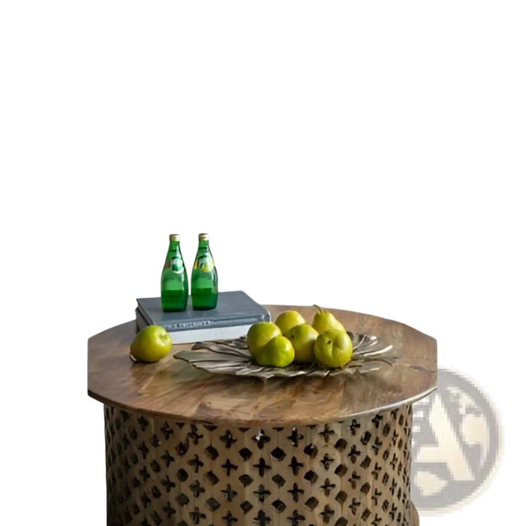 Round wooden coffee table with intricate lattice design and natural wood finish featured with gold monstera leaf decor and tray