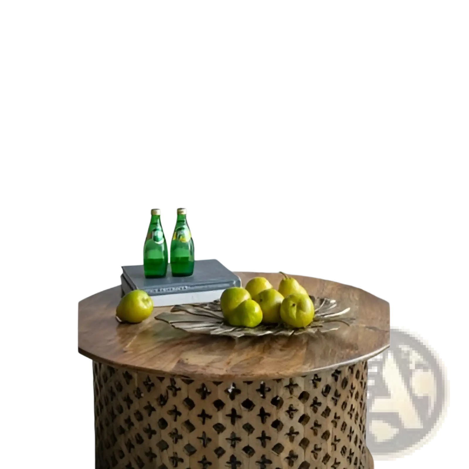 Round wooden coffee table with intricate lattice design and natural wood finish featured with gold monstera leaf decor and tray