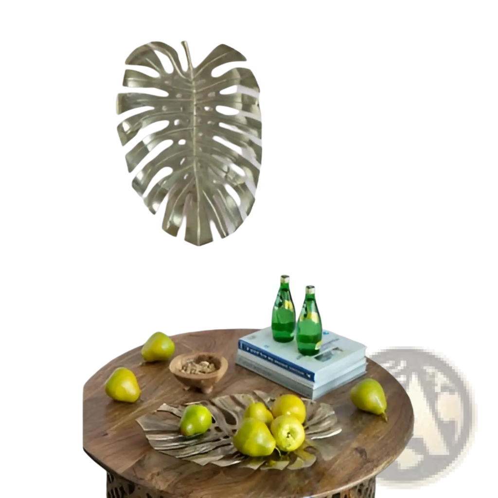 Silver metallic monstera leaf wall art as part of gold monstera leaf wall decor and serving tray set