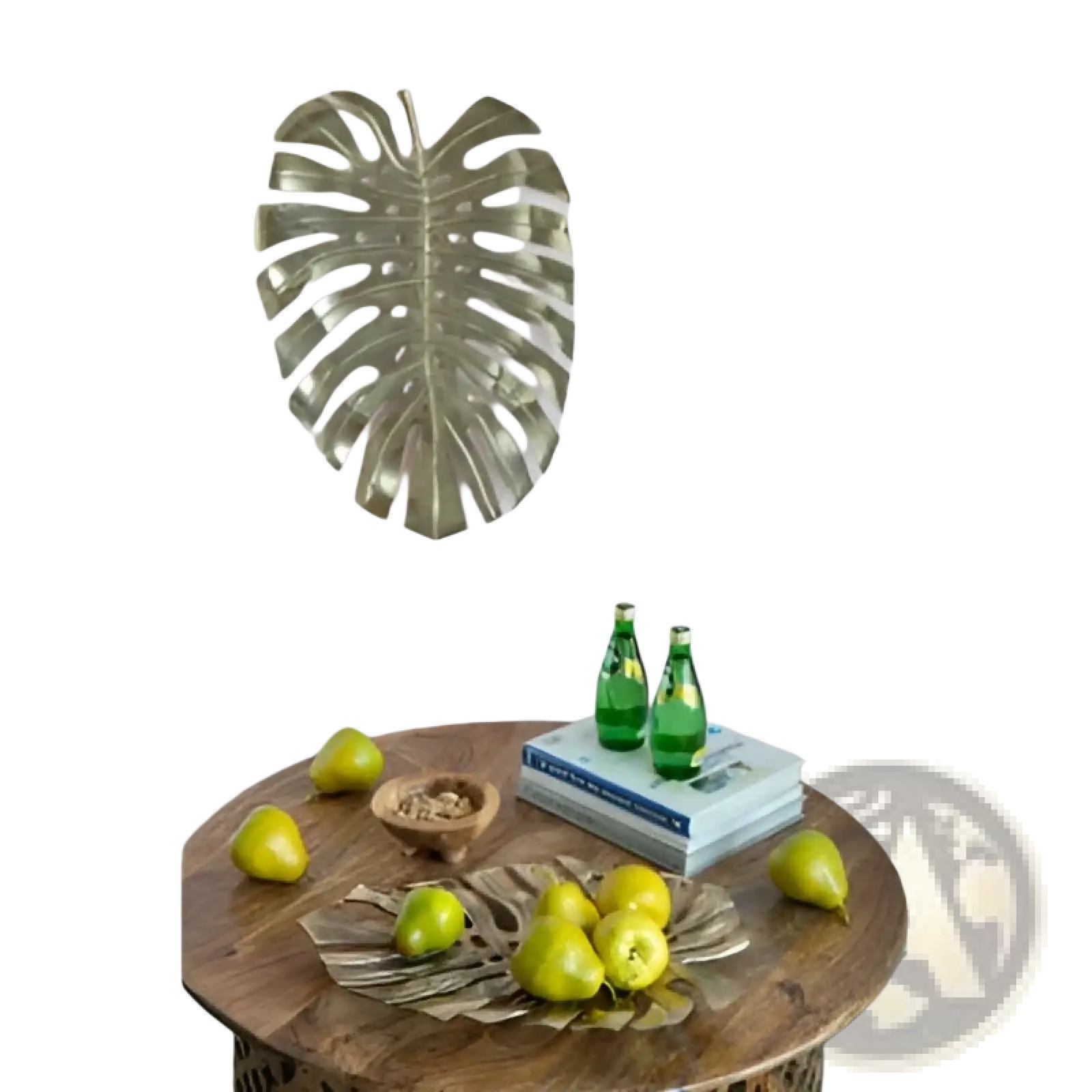 Silver metallic monstera leaf wall art as part of gold monstera leaf wall decor and serving tray set