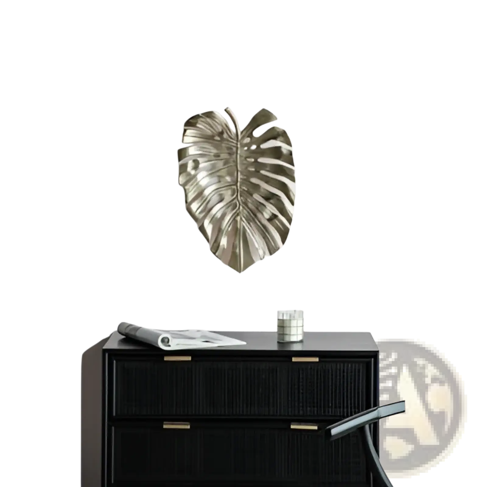 Silver metallic monstera leaf wall art featured in gold monstera leaf wall decor and serving tray product design