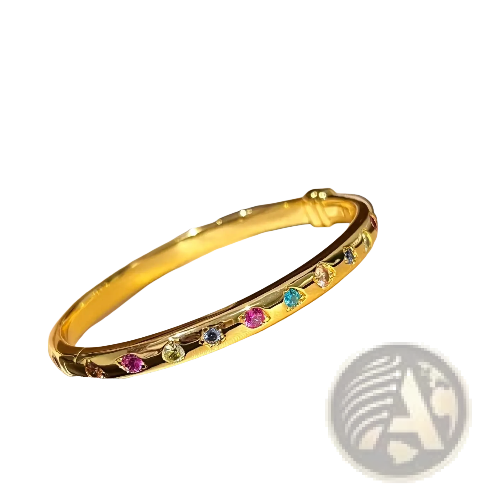 A gold multicolored gemstone bangle bracelet featuring round pink blue green and yellow stones in a row
