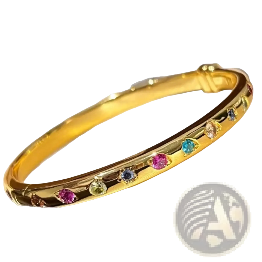 Gold multicolored gemstone bangle bracelet featuring a golden band with vibrant colorful gemstones and textured design