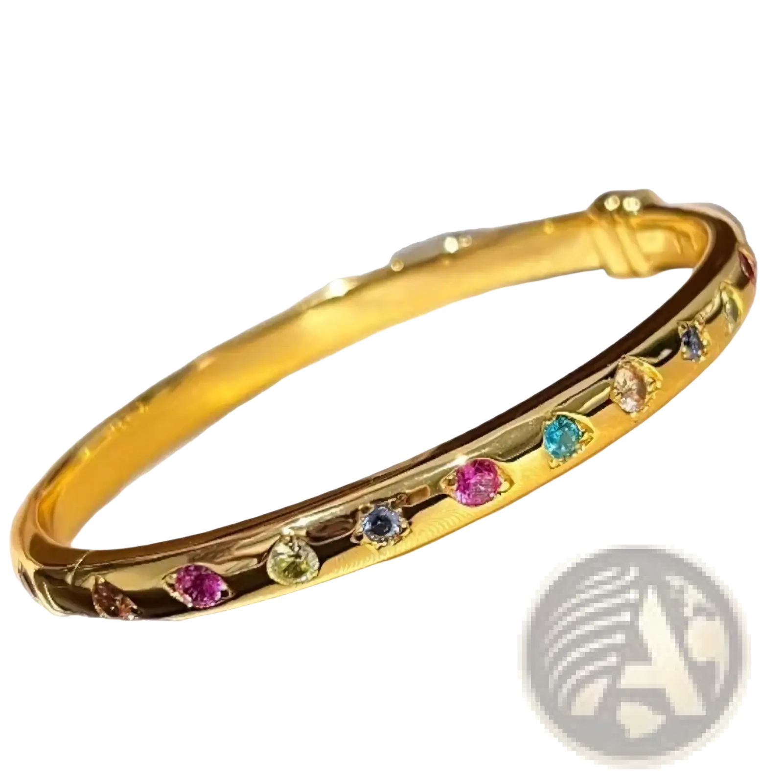 Gold multicolored gemstone bangle bracelet featuring a golden band with vibrant colorful gemstones and textured design