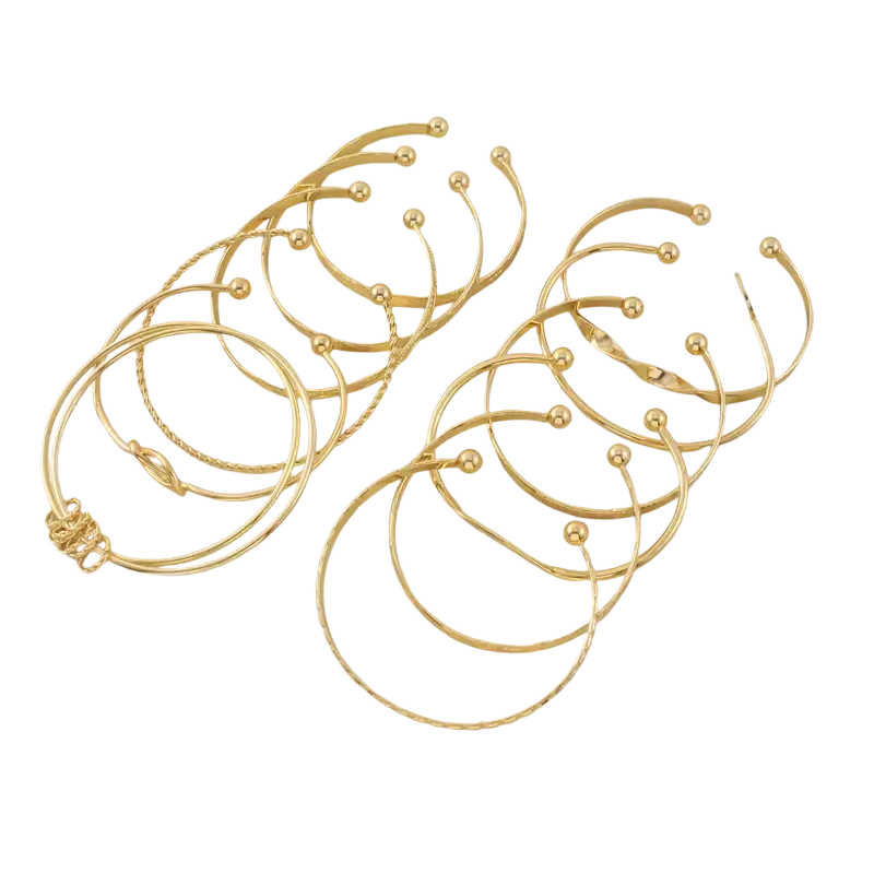 Gold multilayer open bangle set for women featuring gold-toned bangles with twisted and beaded designs