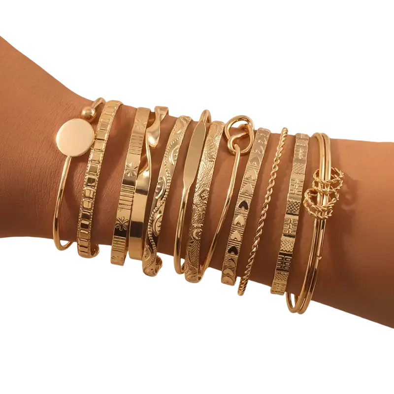 Gold multilayer open bangle set for women featuring gold-toned bangles with intricate engravings and textured designs