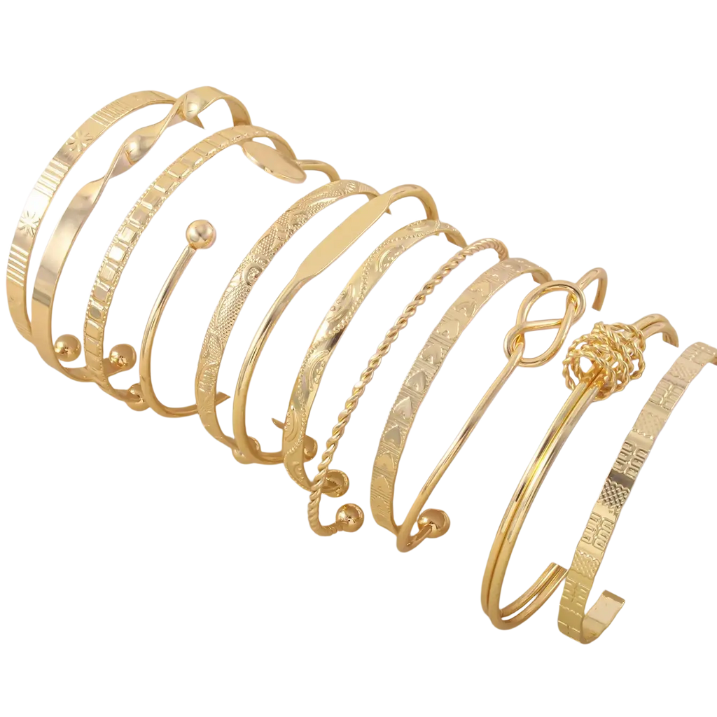 Gold multilayer open bangle set for women featuring gold-toned bangles with intricate textured patterns and decorative knots