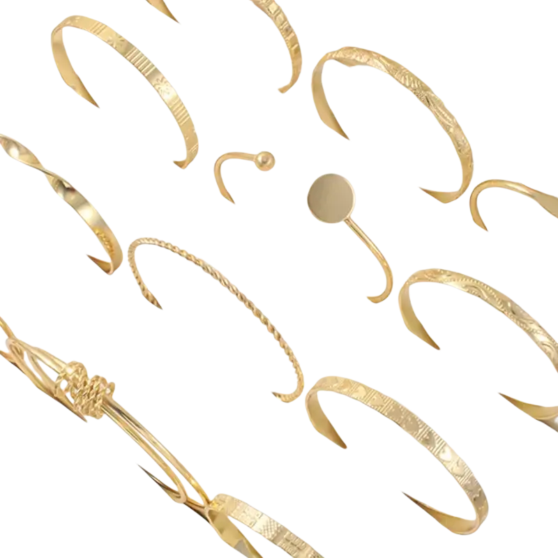 Gold multilayer open bangle set for women featuring gold-toned bangles with intricate textured and twisted rope designs