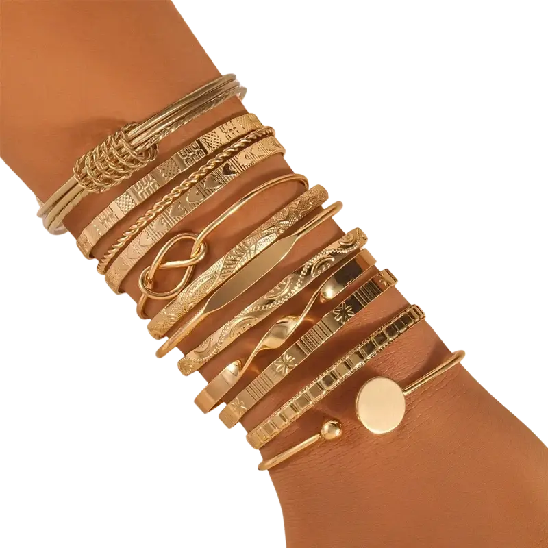 Gold multilayer open bangle set for women featuring gold-toned metal with intricate engraved and textured designs