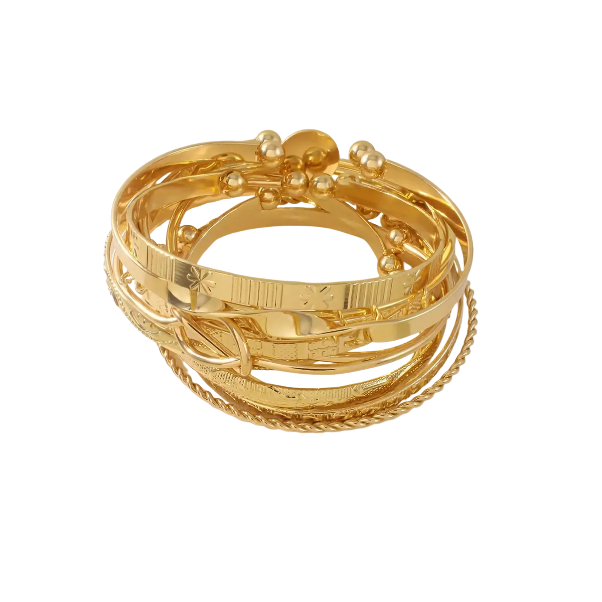 Gold multilayer open bangle set for women featuring five gold-toned bangles with varied textures and designs