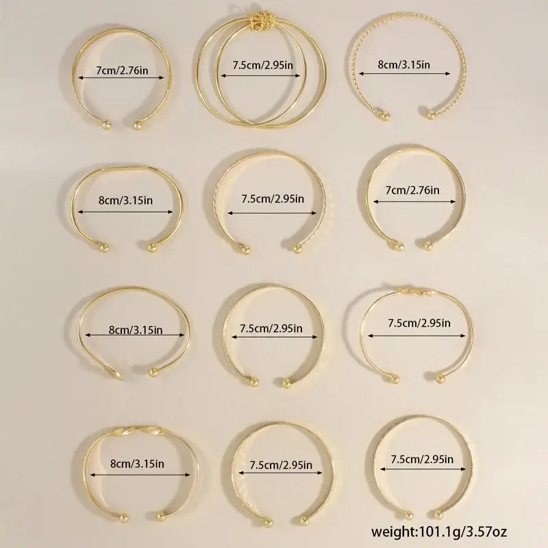 Gold multilayer open bangle set for women featuring gold-toned minimalist bracelets with small spherical accents