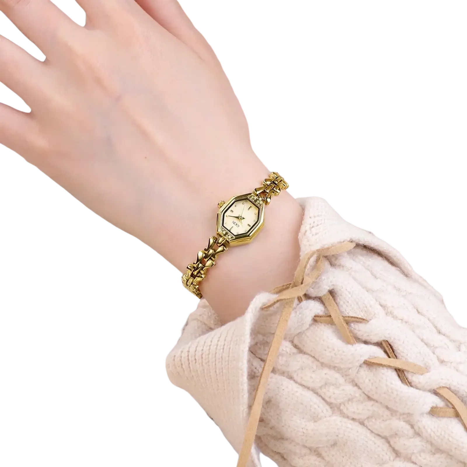 Gold-toned octagonal ladies quartz watch with matching chain bracelet worn on wrist showcasing luxury design