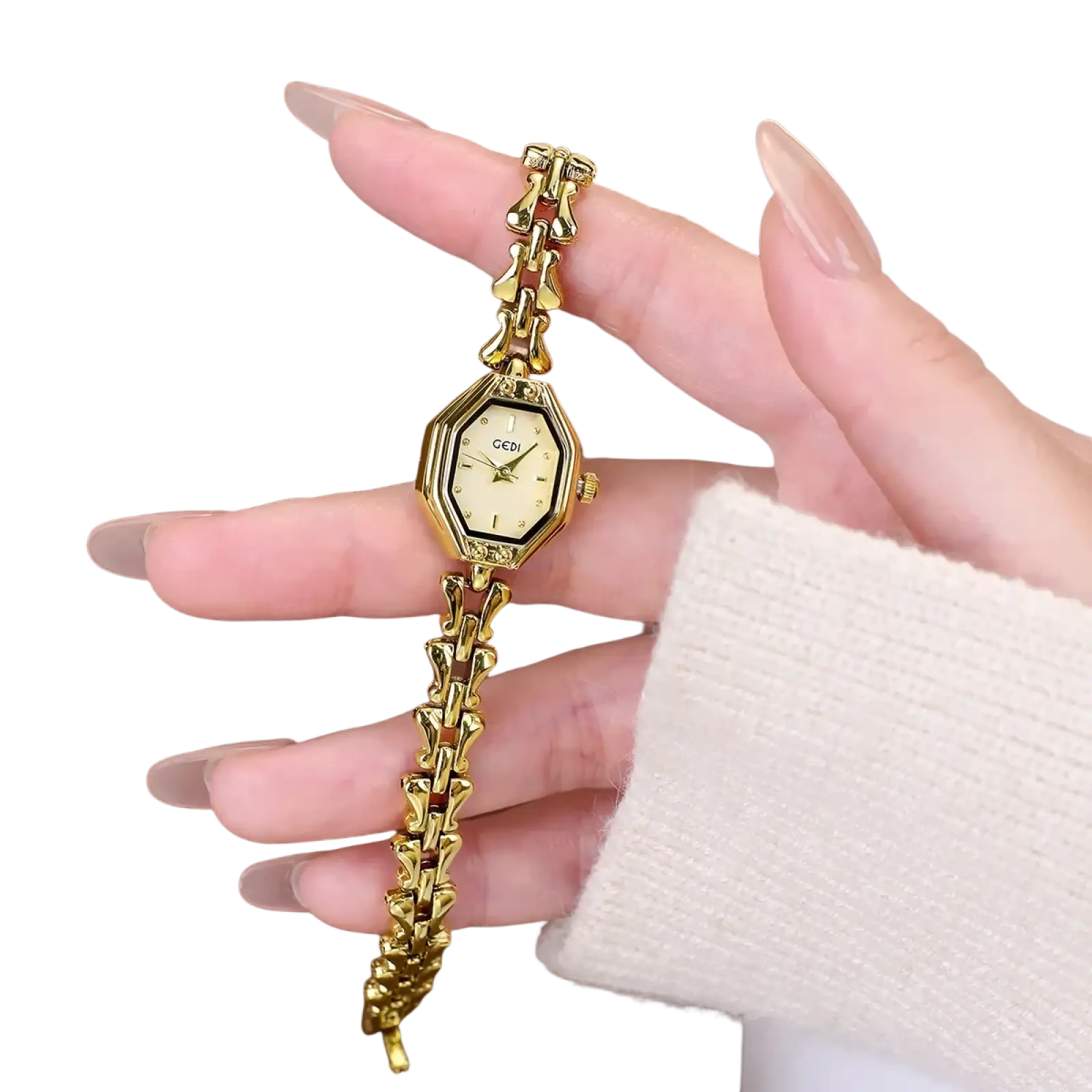Gold-toned octagonal ladies quartz watch with cream dial and intricate gold chain-link luxury bracelet