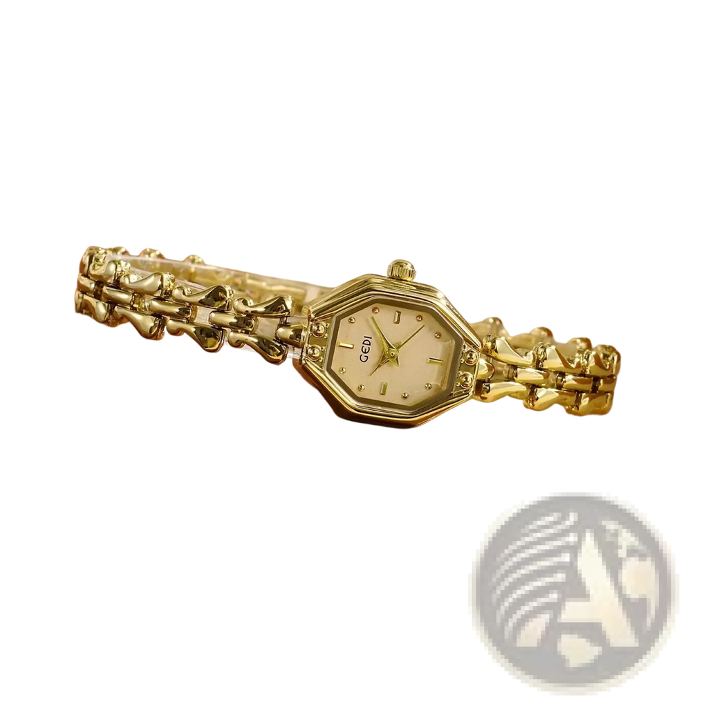 Gold octagonal quartz watch ladies luxury bracelet with gold-toned octagonal case and detailed interlocking chain bracelet