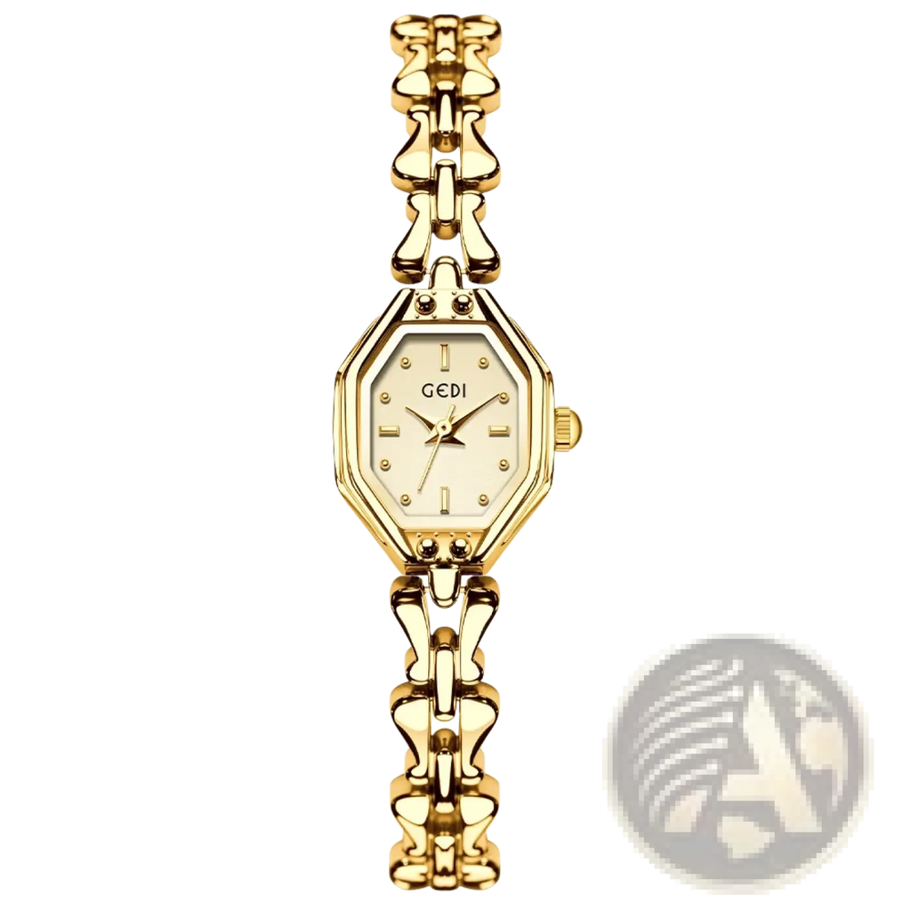 Gold-toned gedi ladies luxury bracelet watch with octagonal face and cream-colored dial in linked metal band