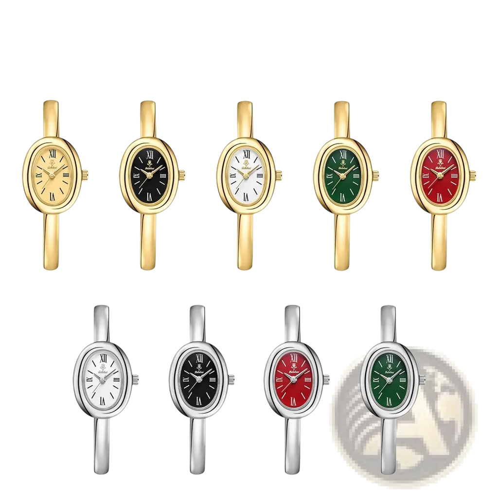A collection of gold and silver oval women quartz watches with roman numeral dials in cream black white green and red