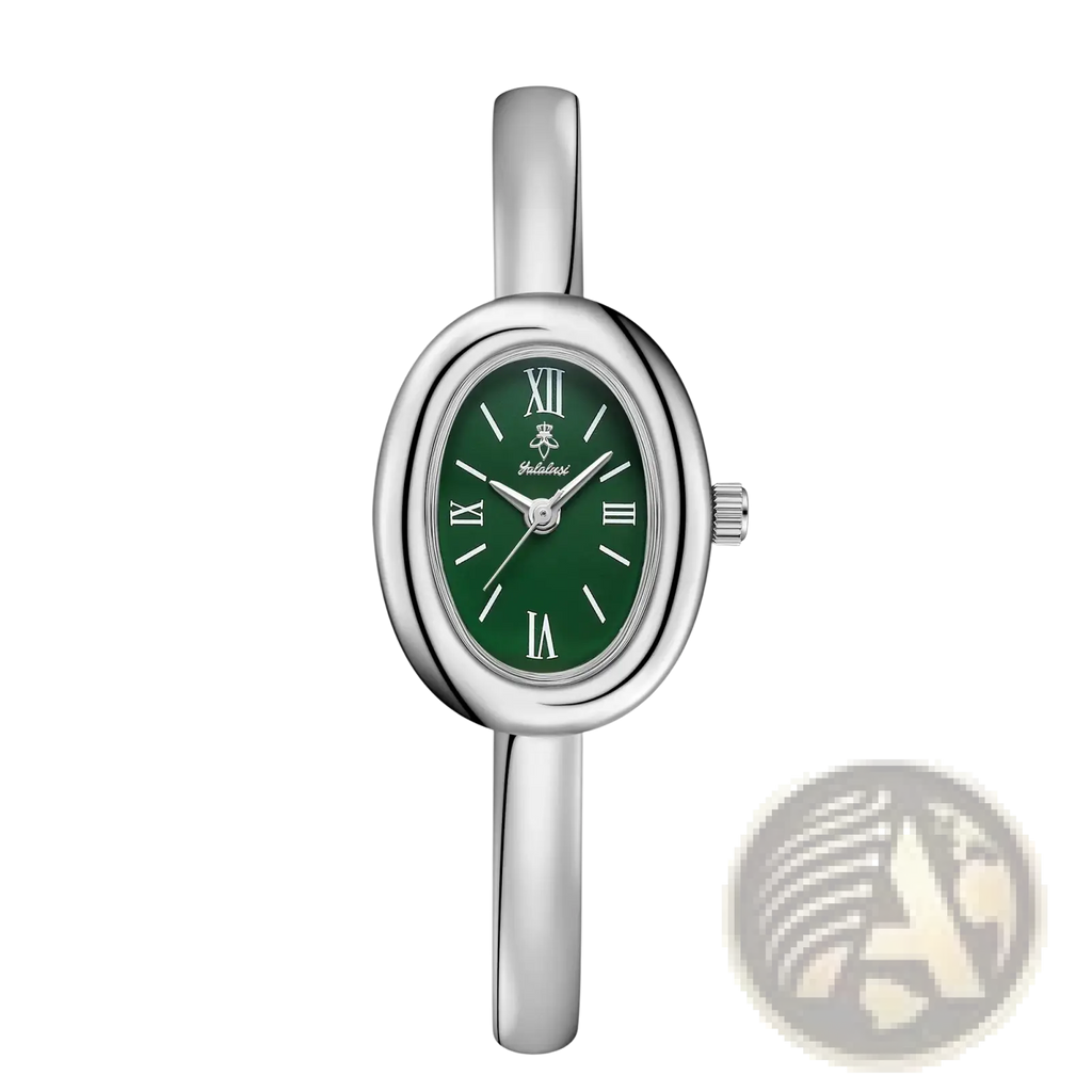 Silver-toned oval women quartz watch with deep green dial roman numeral markers minimalist bracelet design
