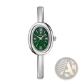 Silver-toned oval women quartz watch with deep green dial roman numeral markers minimalist bracelet design