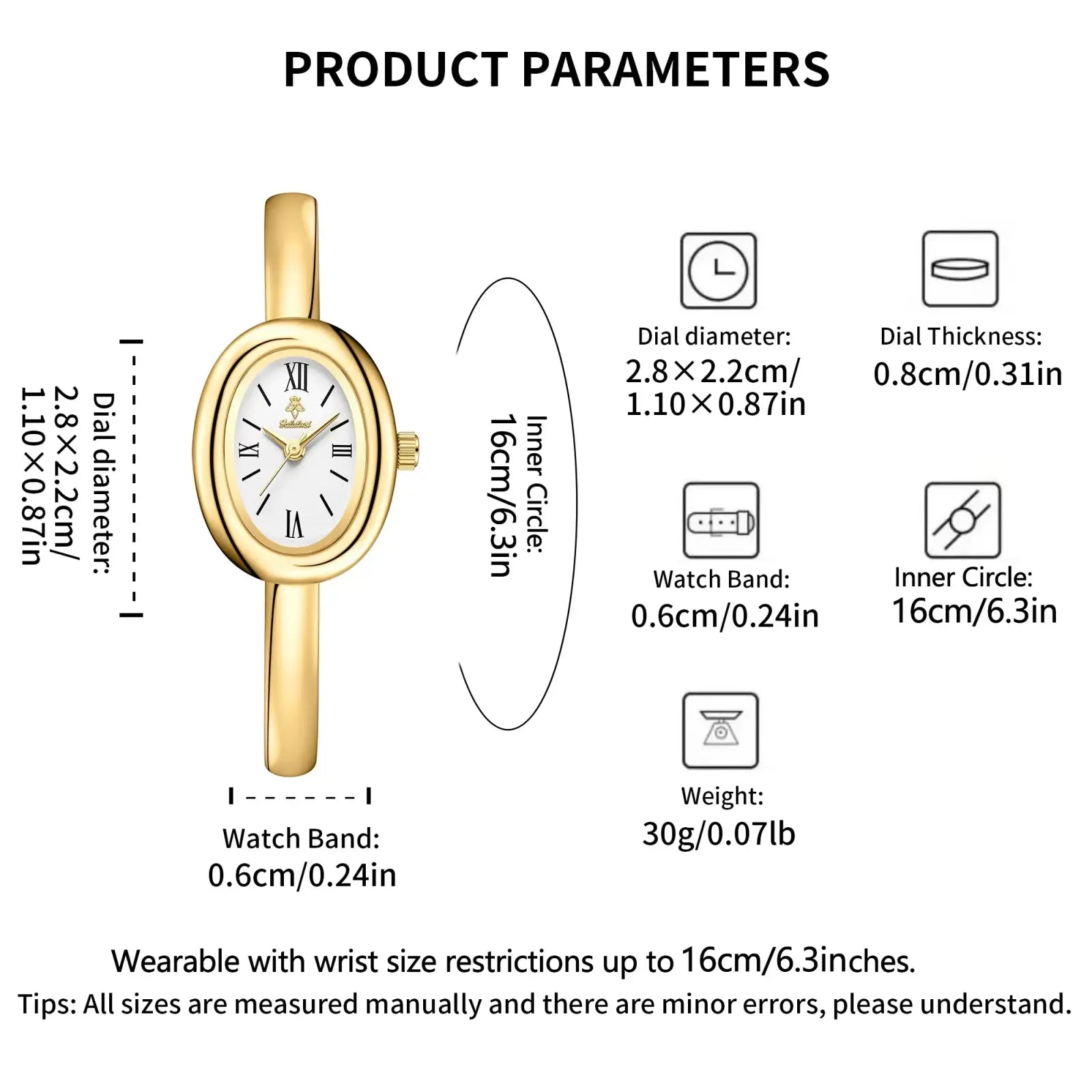 Gold oval women quartz watch with minimalist white dial, roman numerals, gold-toned case, and slender bracelet band