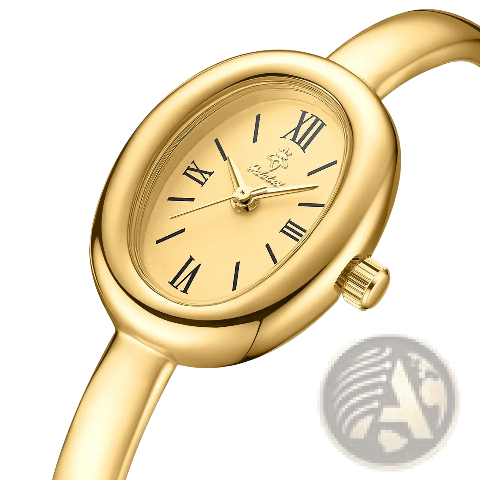 Gold-toned gold oval women quartz watch with roman numeral markers and polished metallic bracelet band