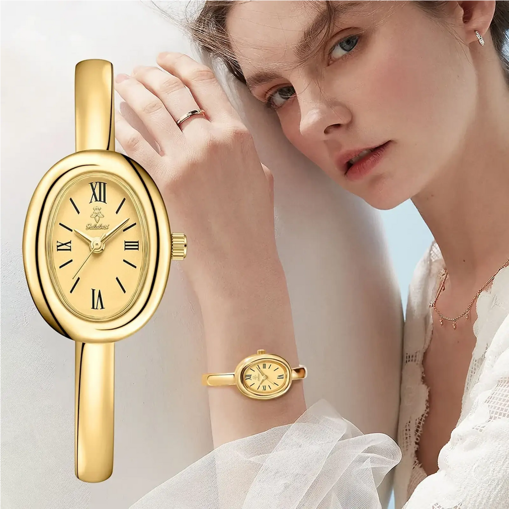 Gold-toned oval women quartz watch featuring roman numerals and a minimalist bracelet design