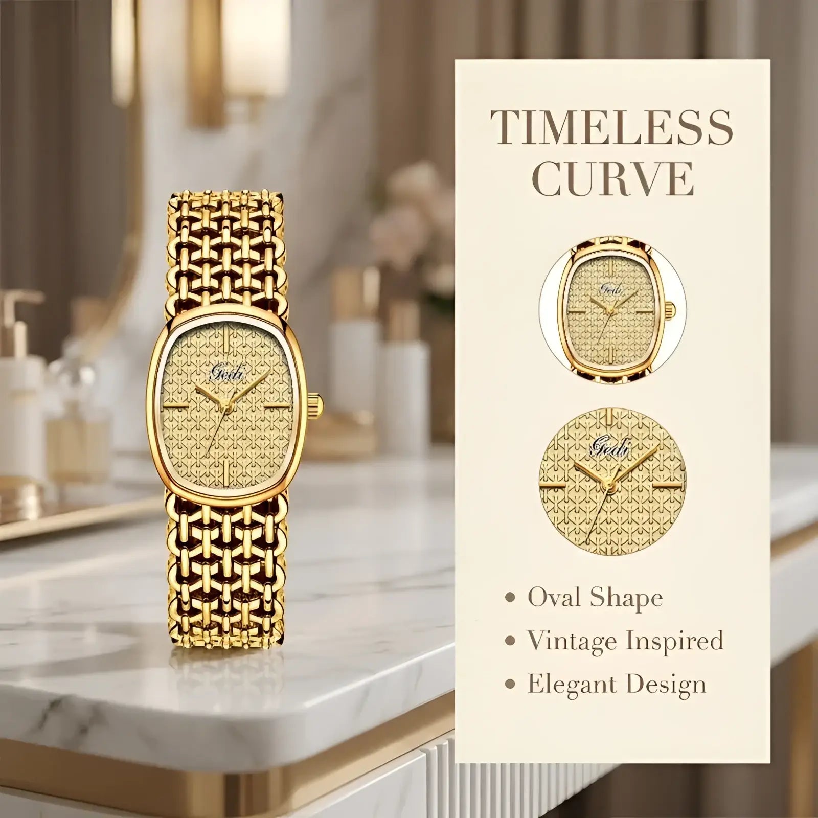 Gold-tone elegant quartz women watch with oval face and intricate mesh bracelet for timeless style