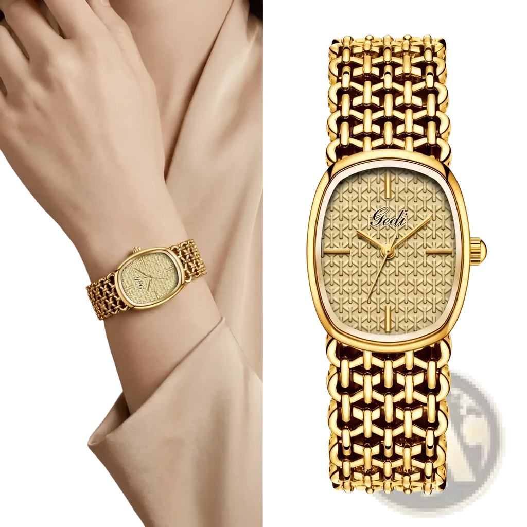 Gold-toned gedi oval women watch with intricate mesh bracelet and textured light beige dial featuring brand name