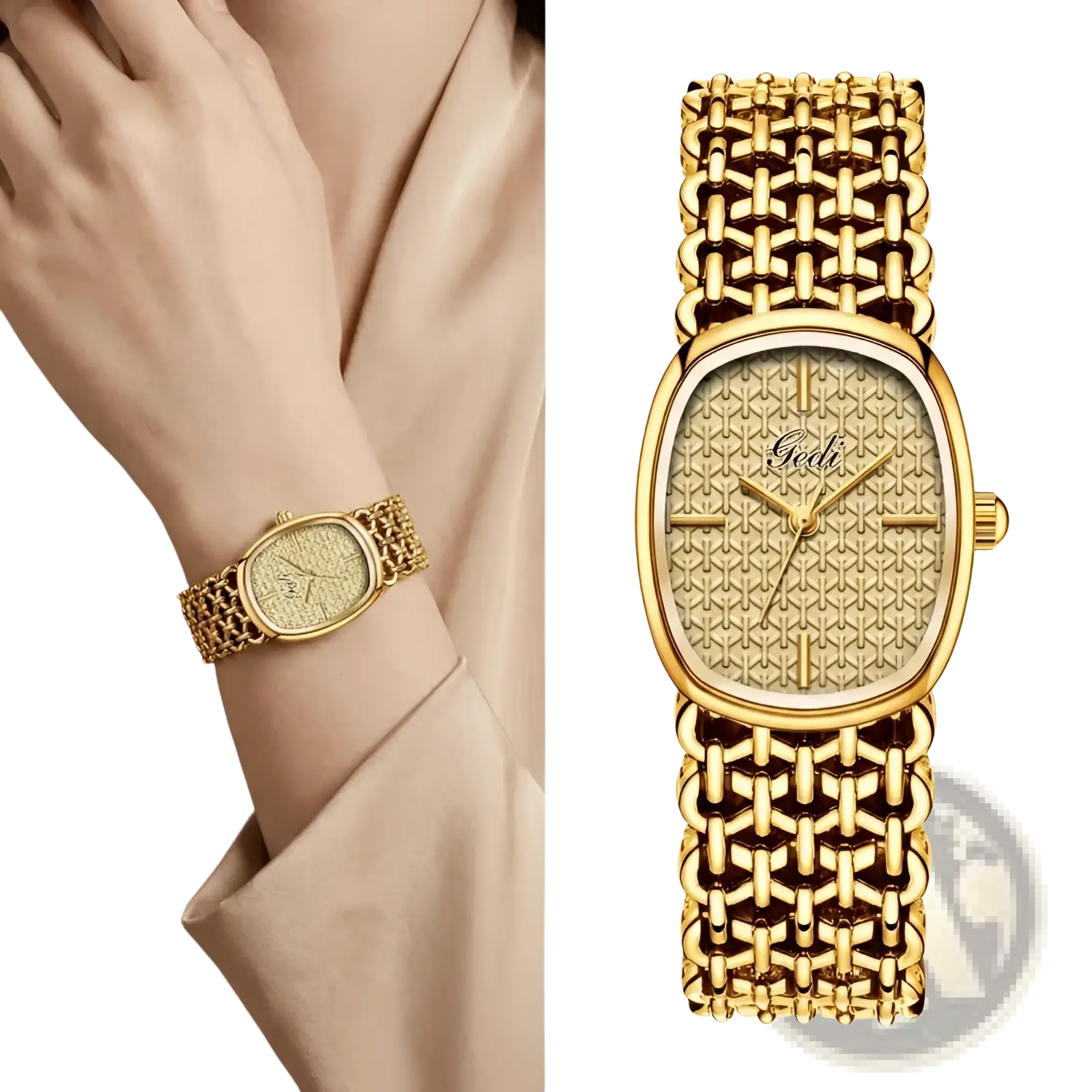Gold-toned gedi oval women watch with intricate mesh bracelet and textured light beige dial featuring brand name