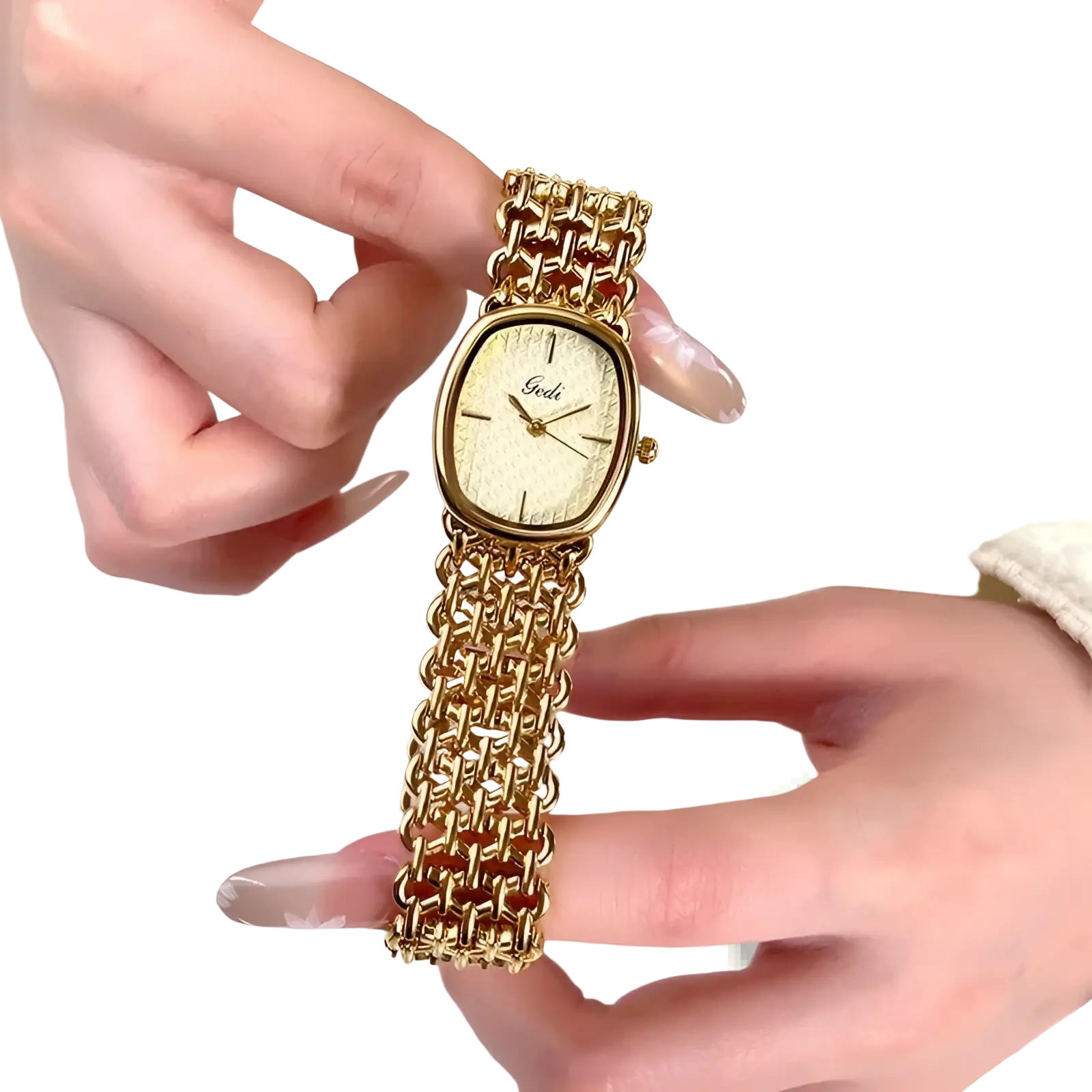 Gold-toned gedi oval women watch with cream textured dial and minimalist black hour markers elegant quartz bracelet timepiece
