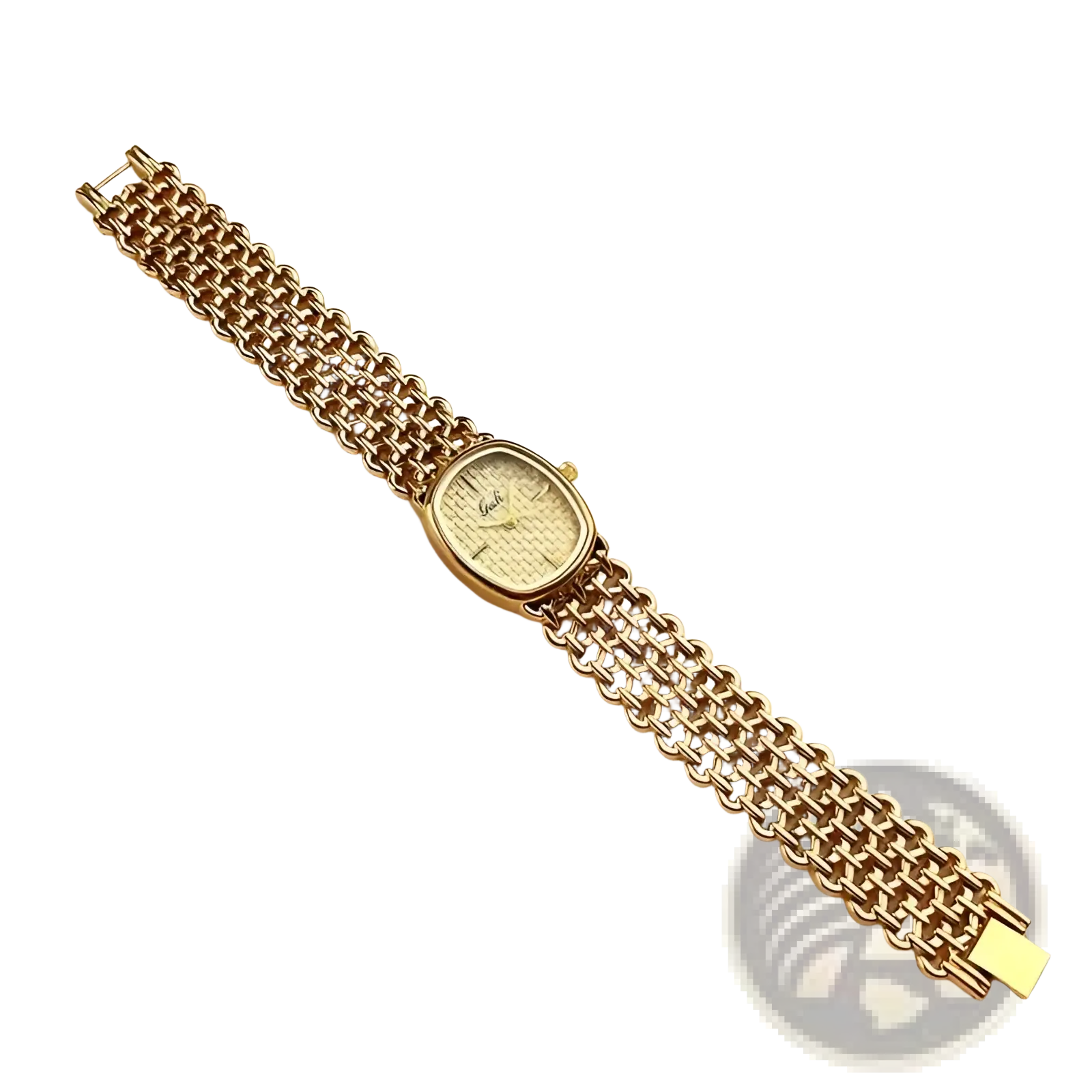 Gold-toned mesh bracelet women watch with rectangular face textured dial and Gucci brand name inscription center