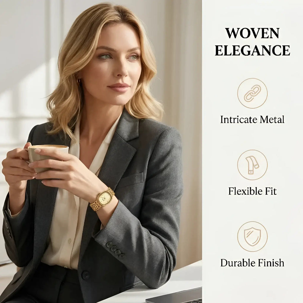 Gold-toned woven metal bracelet watch with intricate chain-link design and classic round face for elegant women