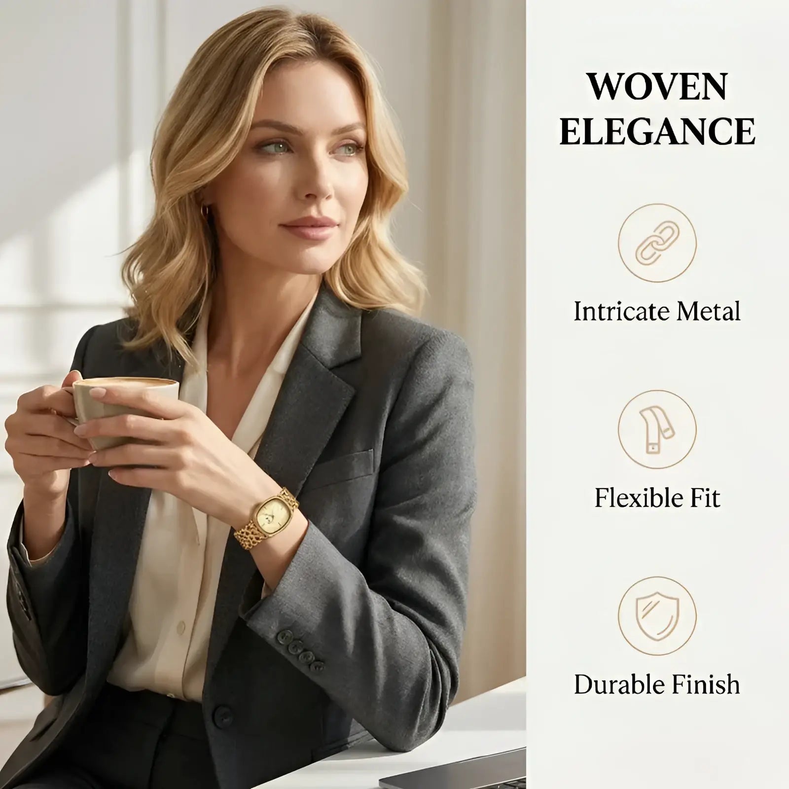 Gold-toned woven metal bracelet watch with intricate chain-link design and classic round face for elegant women