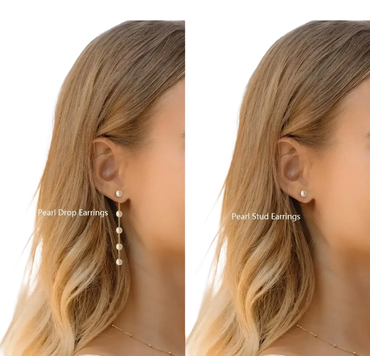 Gold pearl jewelry set women featuring gold pearl drop earrings with delicate chain and five graduated pearls paired with pearl studs