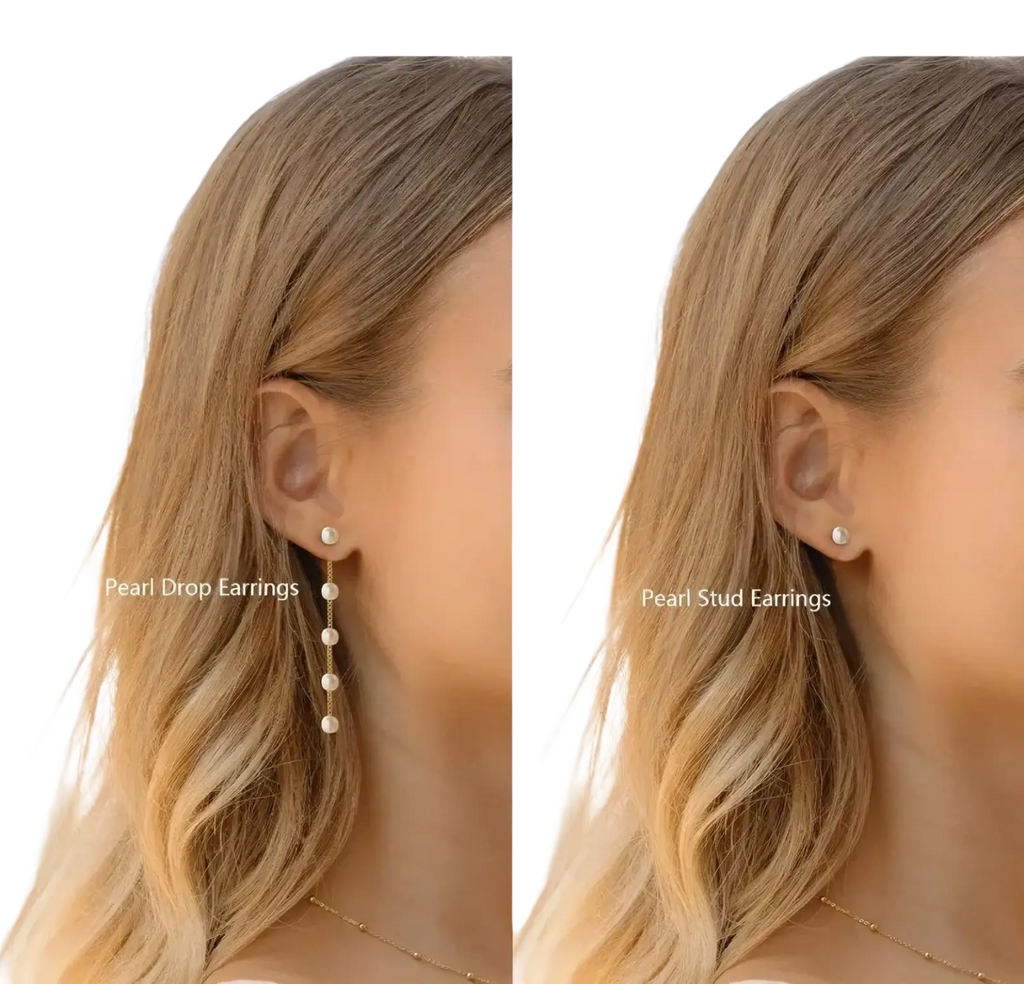 Gold pearl jewelry set women featuring gold pearl drop earrings with delicate chain and five graduated pearls paired with pearl studs