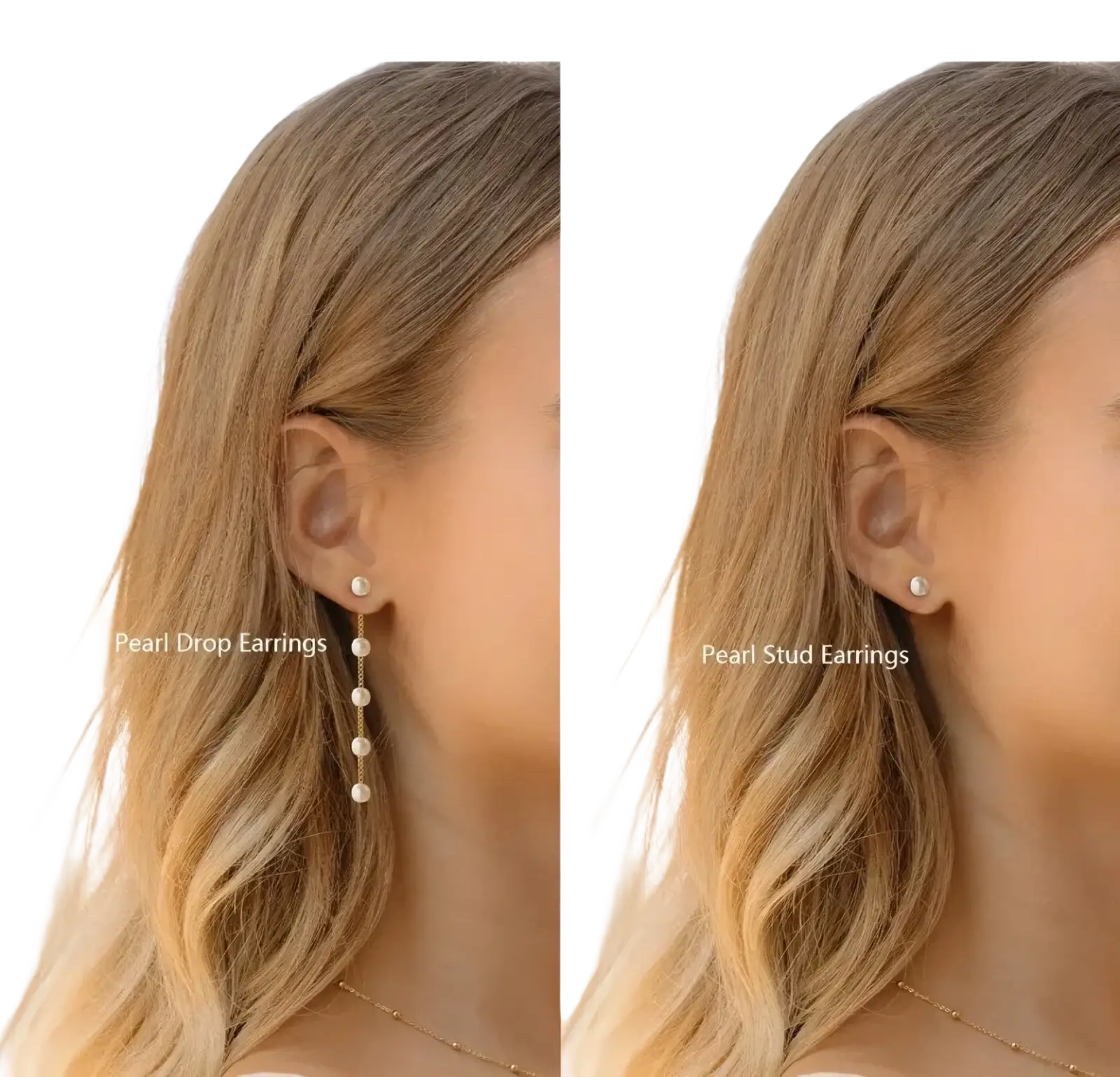 Gold pearl jewelry set women featuring gold pearl drop earrings with delicate chain and five graduated pearls paired with pearl studs