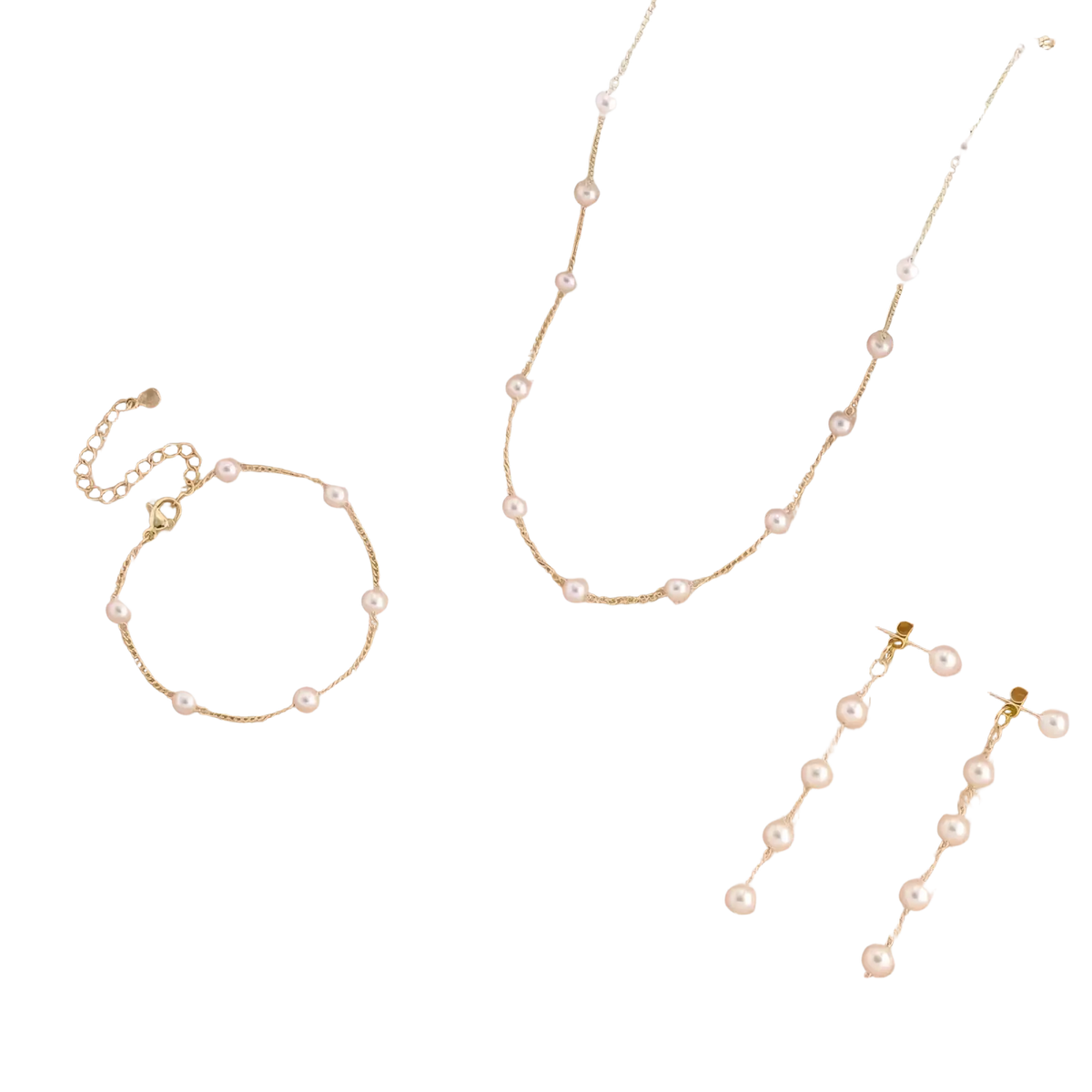 Gold pearl jewelry set women featuring a gold-toned necklace with a delicate chain and evenly spaced round white pearls