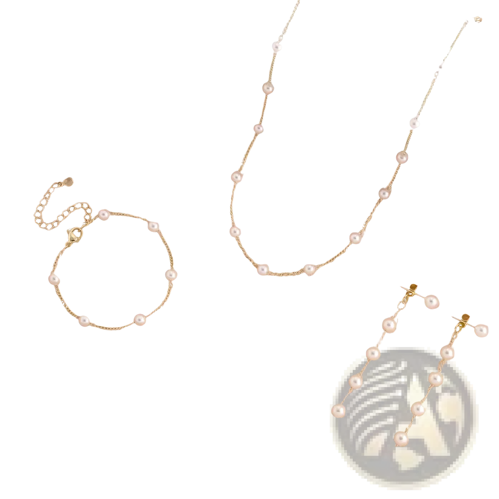 Gold pearl jewelry set women featuring a gold-toned necklace with a delicate chain and evenly spaced round white pearls